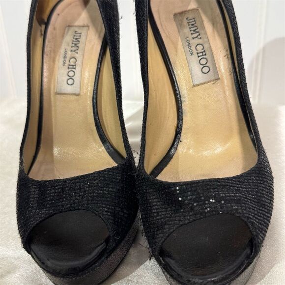 Jimmy Choo Black Glitter Peep Toe Platform Pumps Size 7 US Heels Made in Italy - Picture 12 of 15